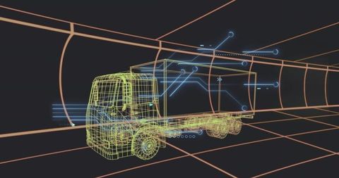Neon Wireframe Box Truck with Telemetry HUD Moving Through Futuristic Grid Tunnel