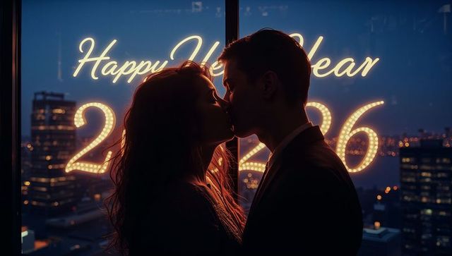 Kissing Couple Embracing at High-Rise Window with Happy New Year 2026 Neon Marquee Glow