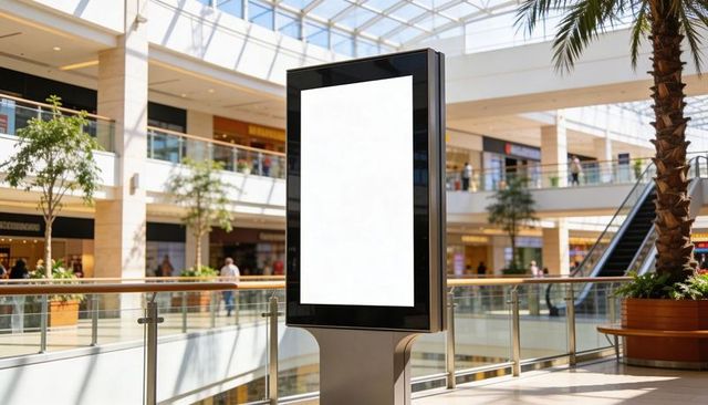 Blank digital kiosk standing in modern multilevel shopping mall atrium for ad mockups