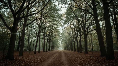 Mysterious Woodland Trail Through Misty Forest Canopy
