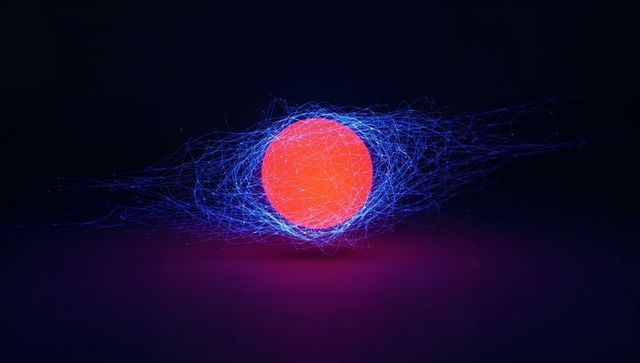 Neon orb hovering over reflective floor with electric cyan filaments and magenta glow