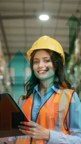 Vertical video showing warehouse inspector scanning racks with tablet and upward arrows