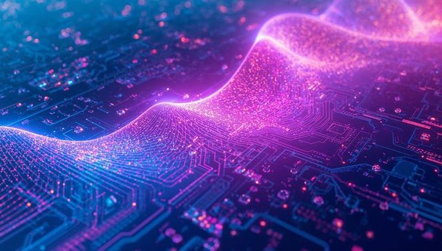 Neon Digital Wave Hovering Over Circuit Board Traces, Holographic AI Data Flow