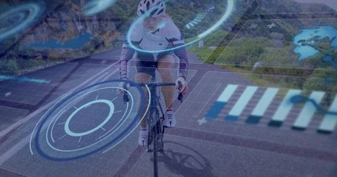 Cyclist Riding on Mountain Road with Futuristic HUD Elements