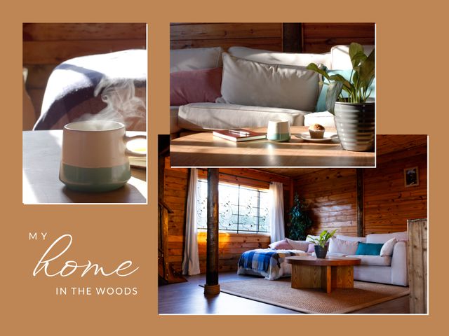 Cozy wooden home in the woods with warm interior shows comfortable sofas, a steaming coffee cup, and green plant. Ideal for promoting nature retreats, interior design inspirations, or warm living spaces. Highlights rustic charm, natural lighting, and inviting atmosphere perfect for relaxation.