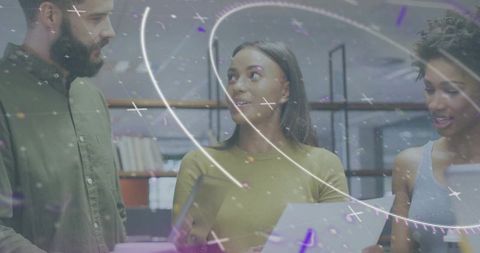 Collaborating Over Project Plans in Modern Workspace with Abstract Light Trails Overlay