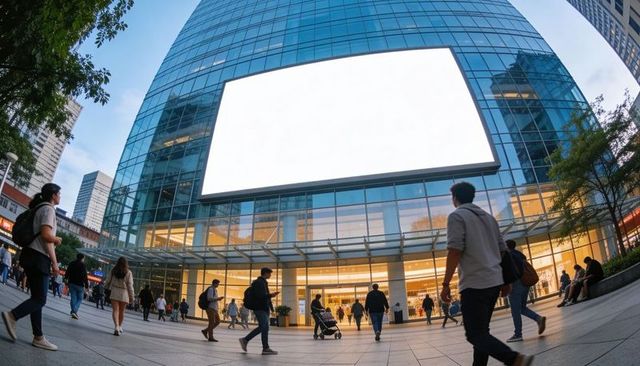 Blank led billboard towering on modern glass high-rise over busy urban pedestrian plaza