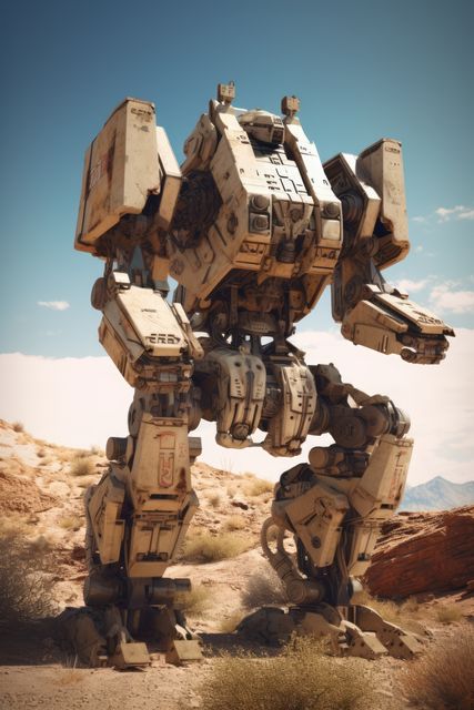Massive robot standing tall in a vast desert environment under clear skies, symbolizing technological advancement and futuristic themes. Ideal for use in sci-fi themed designs, robotics and tech promotions, gaming illustrations, and futuristic scenario concepts.