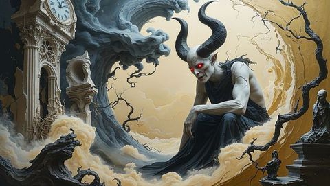 Horned satan amid surreal cosmic storm with clock tower