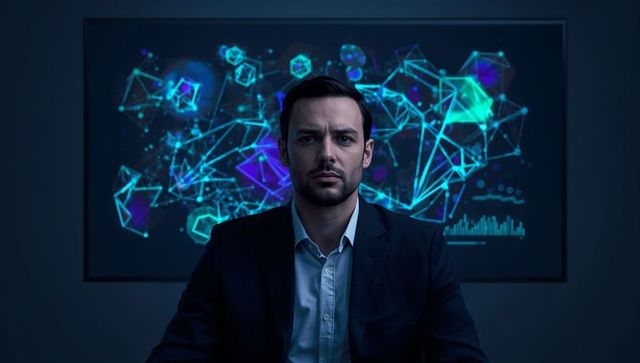 Executive facing neon network dashboard showing ai analytics and data visualization