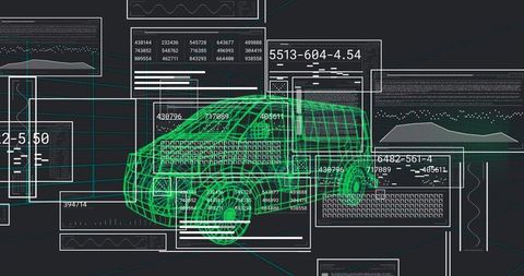 Neon green wireframe car within 3d data interface