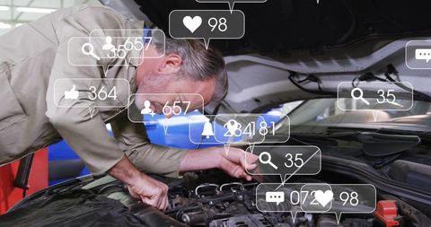 Mechanic Fixing Car Engine Under Open Hood with Social Media Overlay and Engagement Icons