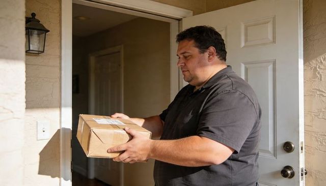 Courier Delivering Sealed Parcel at Home Doorstep - Contactless Delivery, E-commerce