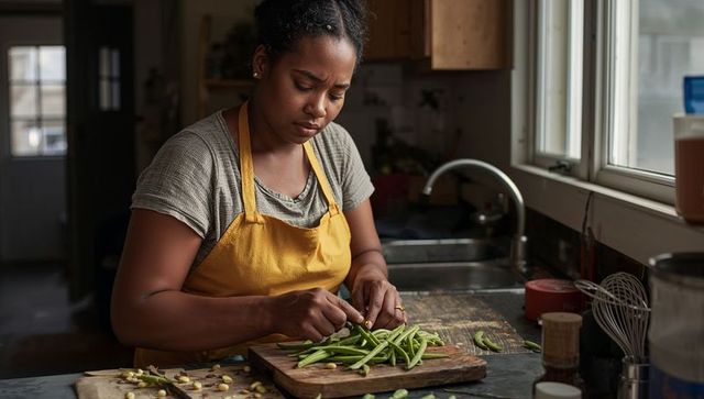 Black woman wearing yellow apron trimming fresh green beans on wooden cutting board