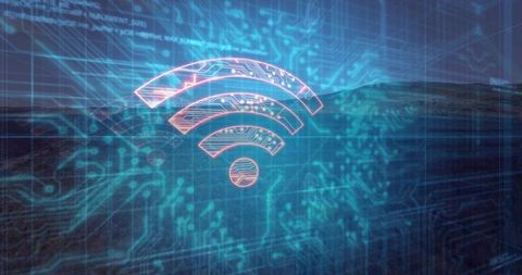 Neon wi-fi symbol hovering over layered digital grid with circuitry evoking network connectivity