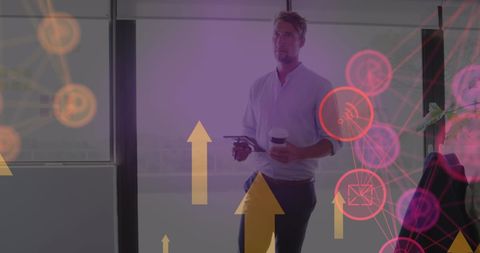 Businessman Engaging with Digital Tools and Growth Arrows Overlay