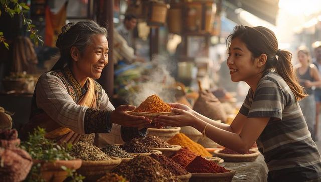 Smiling market vendor handing steaming turmeric to young customer at vibrant spice stall