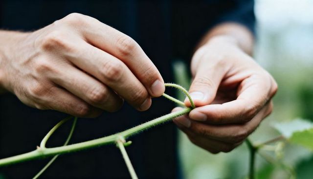 Guiding hands pinching vine tendril closeup in greenhouse showing plant care