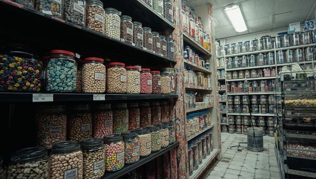 Displaying vintage candy jars in retro confectionery store aisle with colorful glass jars