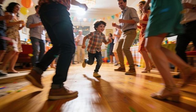 Excited child sprinting through lively indoor birthday party with adults dancing
