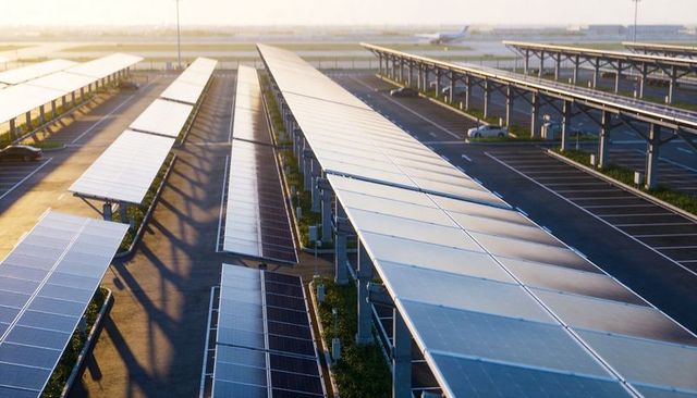 Aerial perspective solar carport canopies shading airport parking rows at sunrise