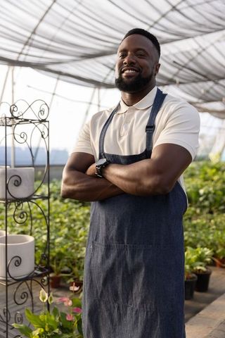 Confident african american gardener standing and smiling in greenhouse wearing denim apron and wrist