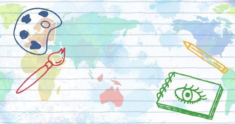 Pastel watercolor world map on lined paper with palette paintbrush pencil sketchbook