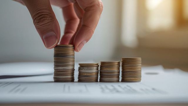 Hand Placing Coin on Tall Stack of Mixed Coins with Financial Documents on Desk