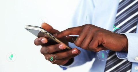 Businessman tapping smartphone using holographic fintech icons for mobile banking