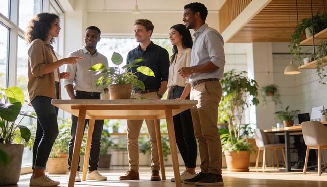 Diverse team collaborating around plant-filled table in modern sunlit open-plan office