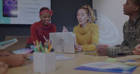 Collaborative team discussion in modern office meeting room