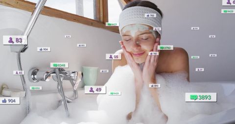 Woman Relaxing in Bubble Bath with Social Media Interface Overlay - Download Free Stock Images Pikwizard.com