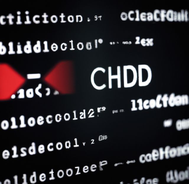 This image shows a close-up of a computer screen displaying random code and the text 'CHDD'. It can be used to depict concepts related to hacking, programming, cybersecurity, encryption, and digital data. Suitable for articles, blog posts, and presentations about cybersecurity, software development, data protection, hacking demonstrations, or computer science education.