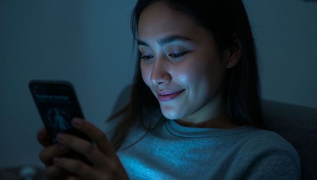 Young asian woman smiling while scrolling smartphone, blue screen glow on face