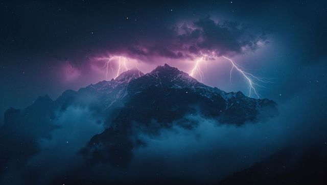 Spectacular lightning storm over mystic mountain peak