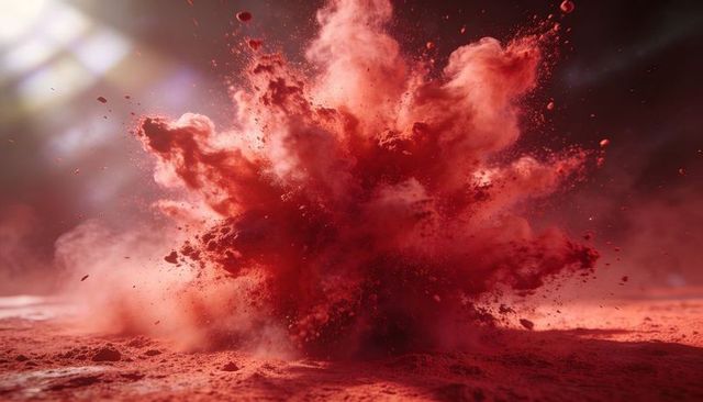 High-Speed Exploding Crimson Pigment Plume Billowing on Studio Floor, Powder Burst Dust Cloud