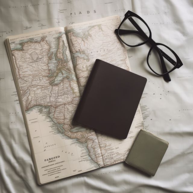 Glasses, passport, and notebook laid out on an open world map, evoking a sense of adventure and travel planning. Can be used to represent travel preparation, wanderlust, itineraries, and study materials for geography or cartography. Ideal for use in tourism brochures, blogs, and educational materials related to exploration and travel.
