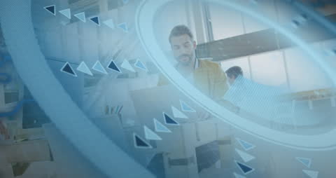 Futuristic Office Man Working Through Digital Interface Overlay