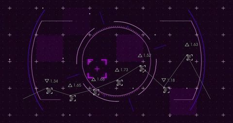 Displaying Futuristic Circular HUD Radar Interface with Magenta Reticle on Dark Purple Grid