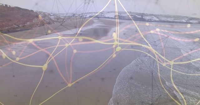 Futuristic Digital Network over Serene Coastline