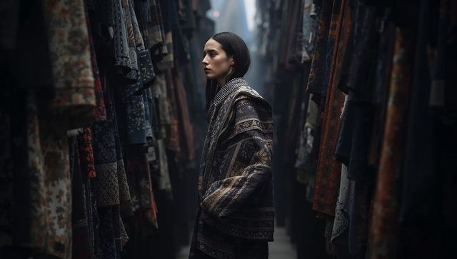 Young woman browsing artisanal vintage textiles in narrow market aisle in tapestry coat