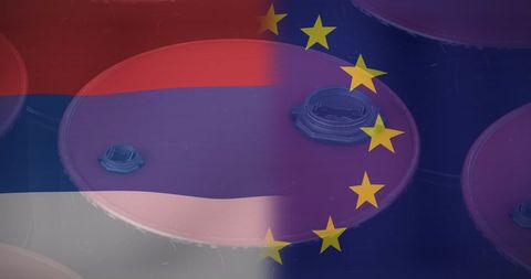 Russia EU Flags Overlay Oil Barrels Symbolizing Energy Politics