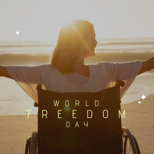 Image of world freedom day over happy caucasian woman on wheelchair at sunset on beach. Freedom, disability, holidays and vacations concept.