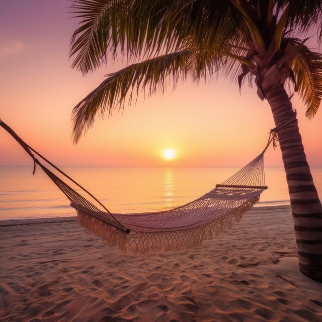 Wicker hammock on beach with palm tree at sunset, created using generative ai technology. Vacation at the beach in a wicker hammock concept digitally generated image.