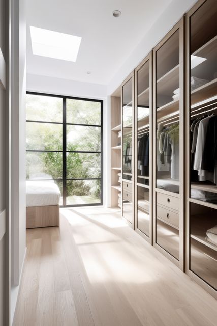 Modern light walk in wardrobe with window and skylight, created using generative ai technology. Interior design, home decor and clothes storage concept digitally generated image.