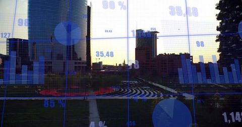 Urban Park Twilight with Data Visualization Overlay Sunset