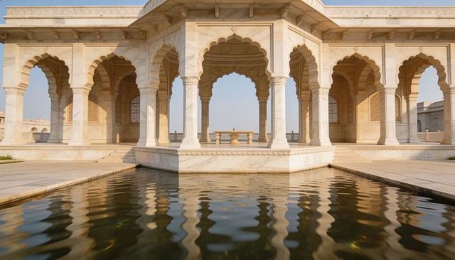 White marble pavilion with scalloped arches and reflecting pool, symmetrical heritage architecture