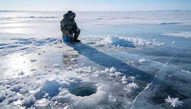 Solitary angler sitting on cooler ice fishing on frozen lake with crystalline frost
