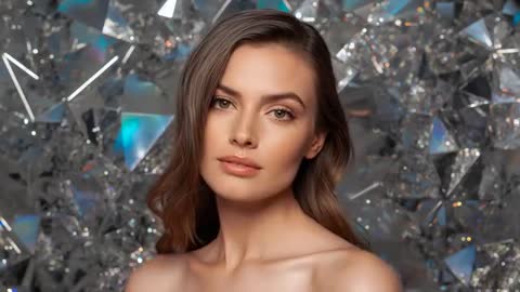 Elegant Model Smiling Amidst Geometric Crystal Background