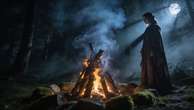 Cloaked woman standing by campfire under moonlight in misty forest clearing